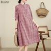 ZANZEA Women Plaid Print Casual Round Neck Loose Half Sleeve Dress