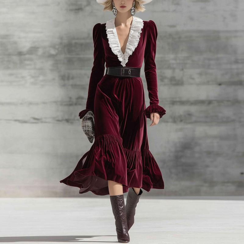 European Style V-Neck Color Block Slim Fit Long Sleeve Mermaid Dress - Winter 2025 Collection