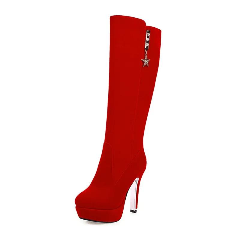 Women's High Red Boots Platform Heeled Knee High Long Boot Flock Black Large Size 45 48 Footwear Warm Shoes 2025 Winter Ladies