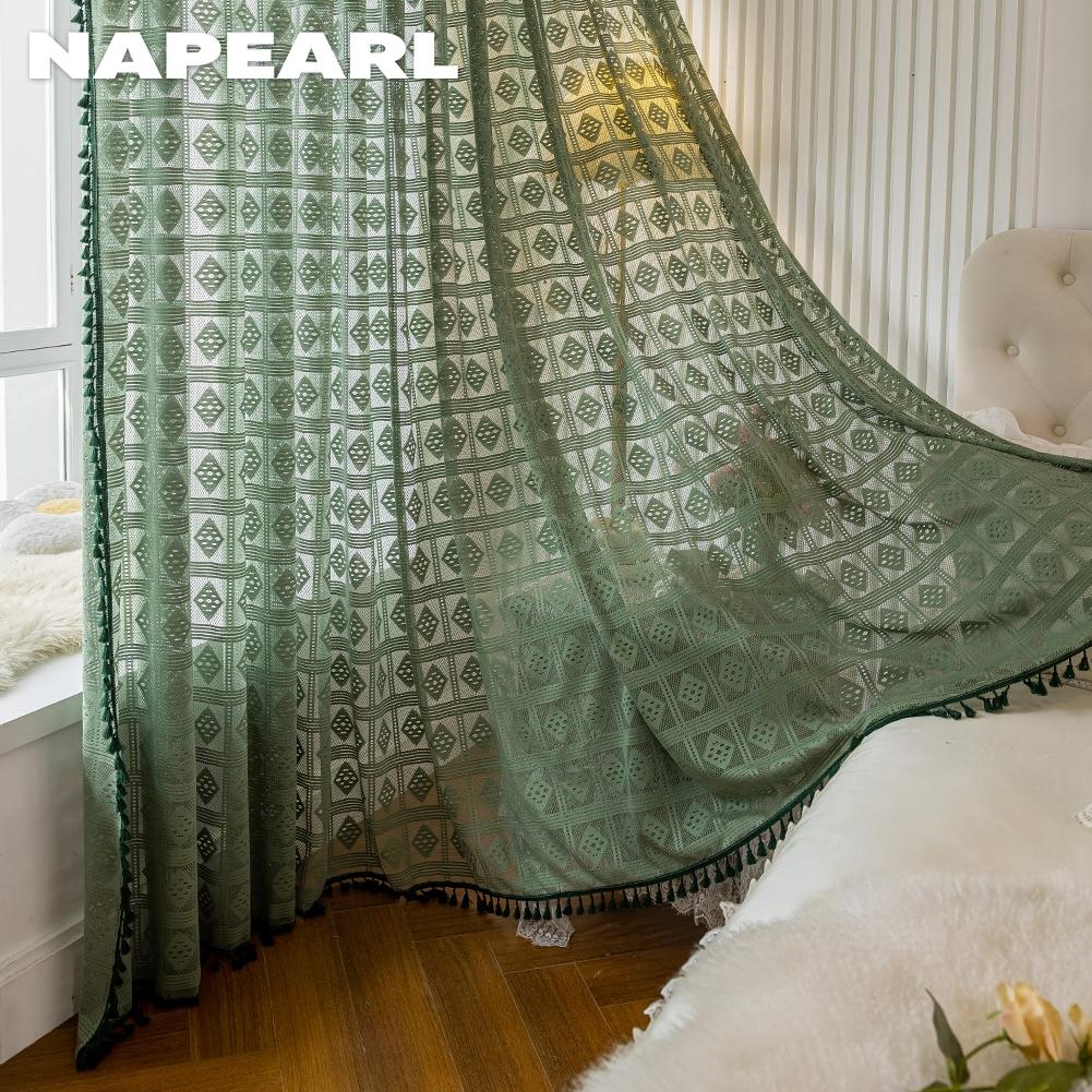 1ks NAPEARL 10-20% zatemnění Francouzský retro jednobarevný dutý diamantový mřížkový okraj Průsvitný závěs pro obývací pokoj Ložnice Balkon Domácí Dekor