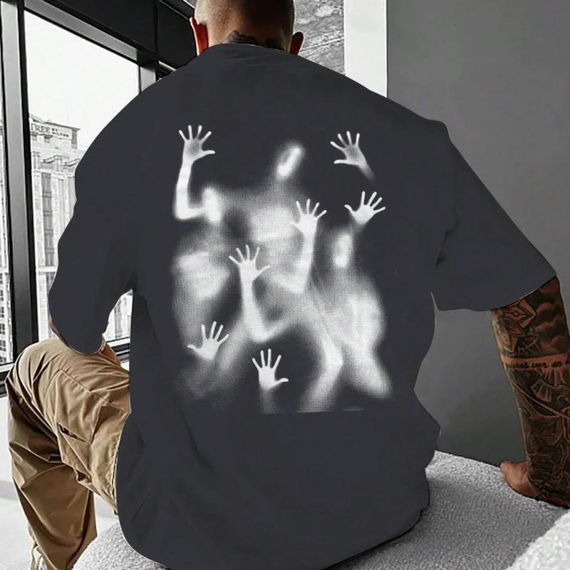 2025 Men's Summer New Short-sleeved T-shirt with Shadow Dark Hand Print, 100% Pure Cotton High-quality Hip-hop Streetwear Top