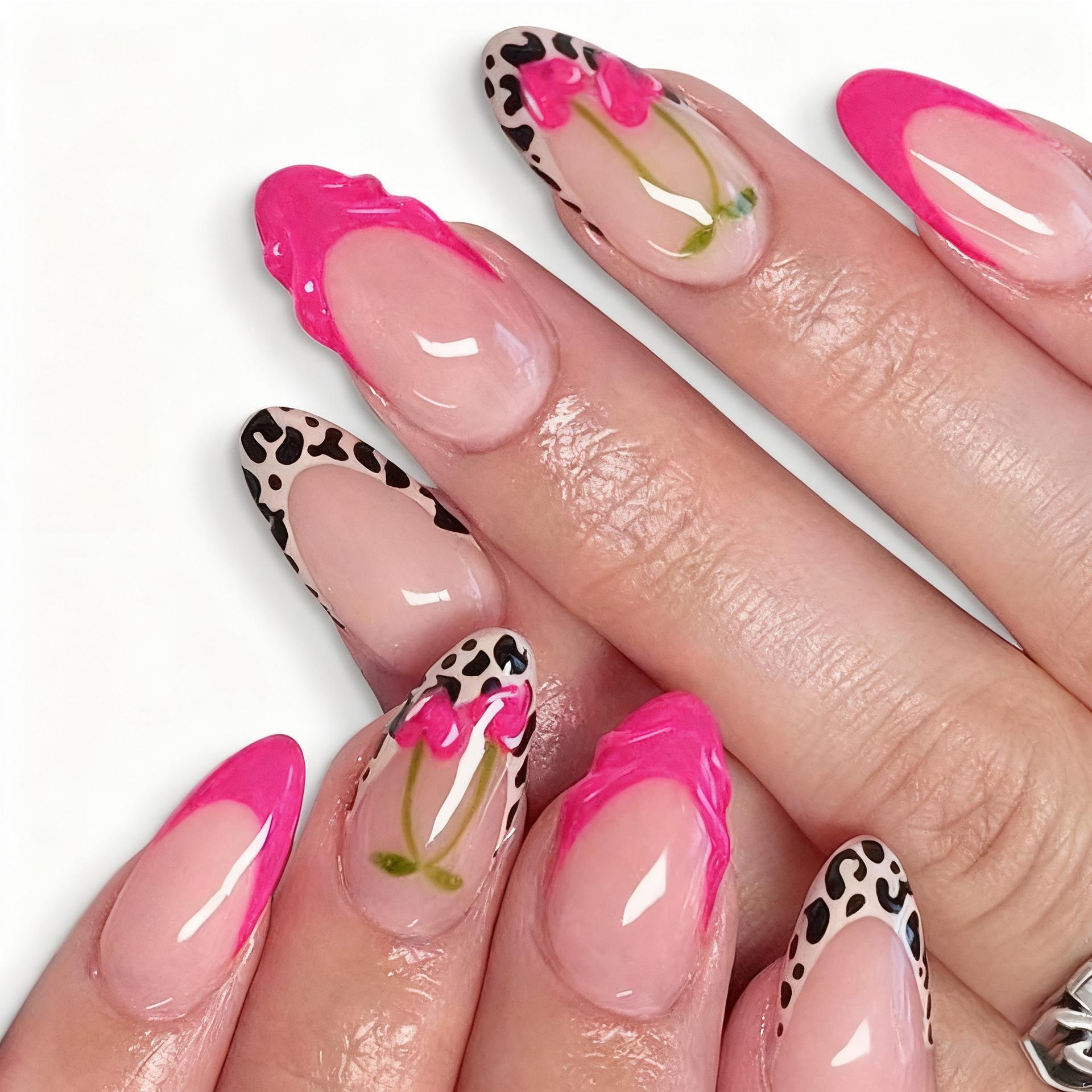 3D Leopard Print Cherry Almond-Shape Nails - European & American Fashion