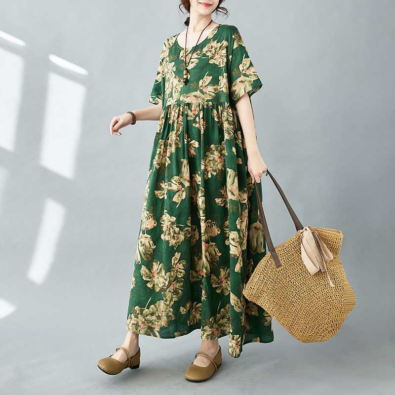 Simple Bohemian Print Dress Short Sleeve Round Neck Summer New Style Elegant Feel Long Dresses Women's Clothing