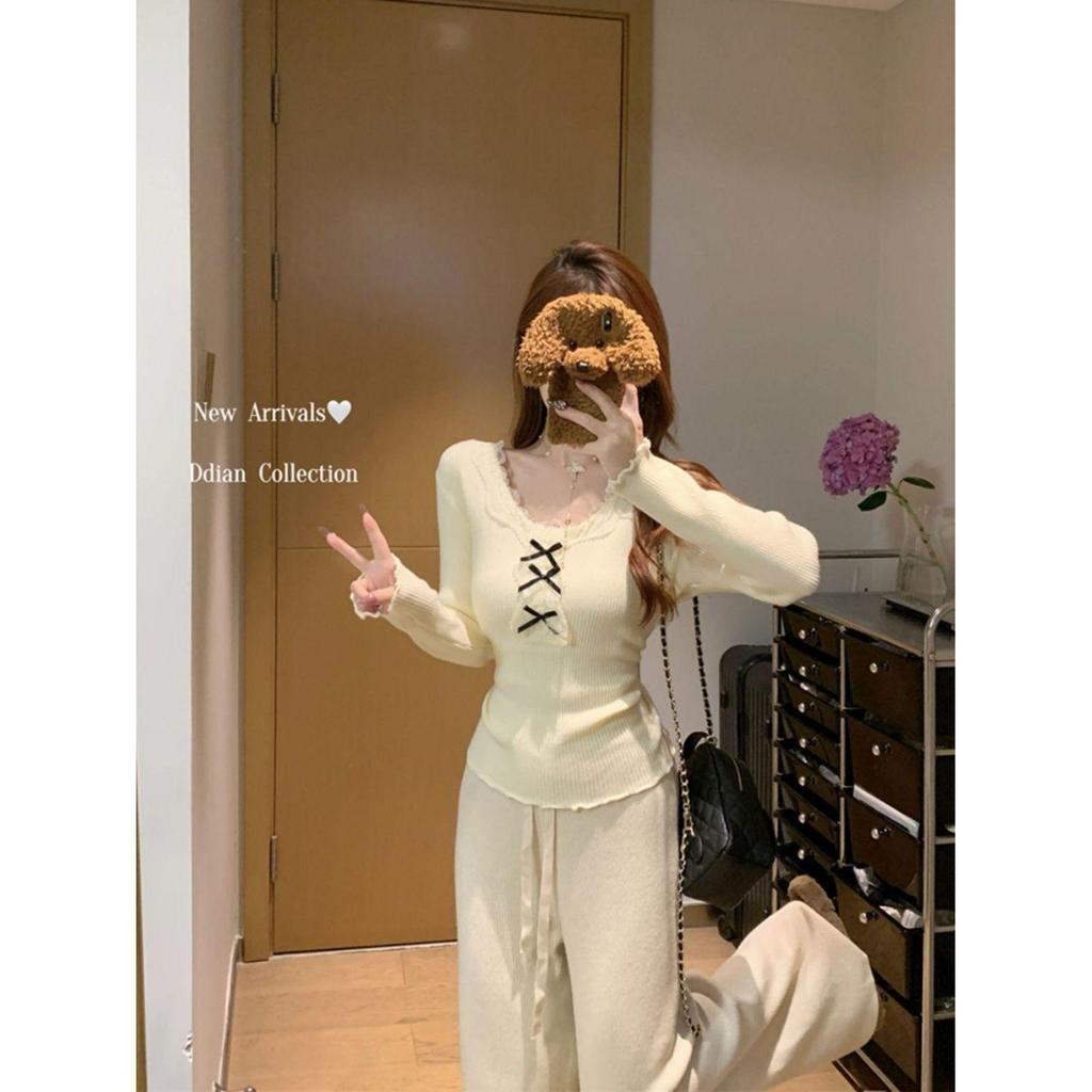 Korean Lace Patchwork Knitted Slim-fit Sweater for Women - 2025 Autumn/Winter Trendy Top