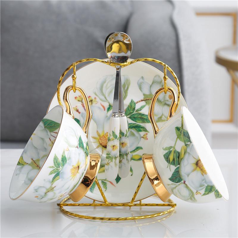 Camellia Gold-Trim Bone China Coffee Set: Cup, Saucer, Spoon, Pot, Milk Jug, Sugar Bowl, Pastry Skewer, Plate - Light Luxury.