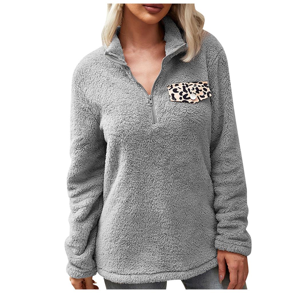 Women's Fashion Stand Collar Zipper Plush Jacket Leopard Print Stitching Loose Plush Sweater