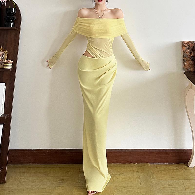 2026 Summer Women’s Long Sleeve Mesh Spliced See-through Bandeau Dress
