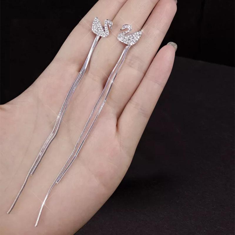 Shiny Black Diamond Zircon Swan Long Tassel Earrings Fashion Elegant Eardrops Women Wedding Jewelry