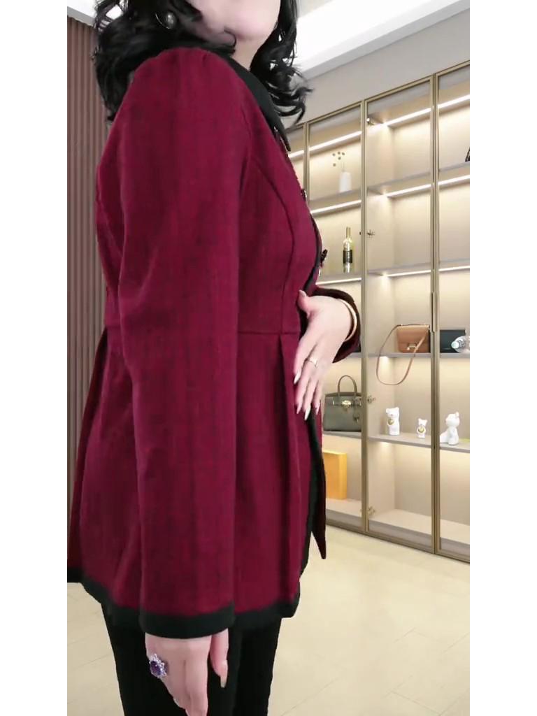 Autumn/Winter Woolen A-line Slimming Collared Shirt for Middle-Aged Women