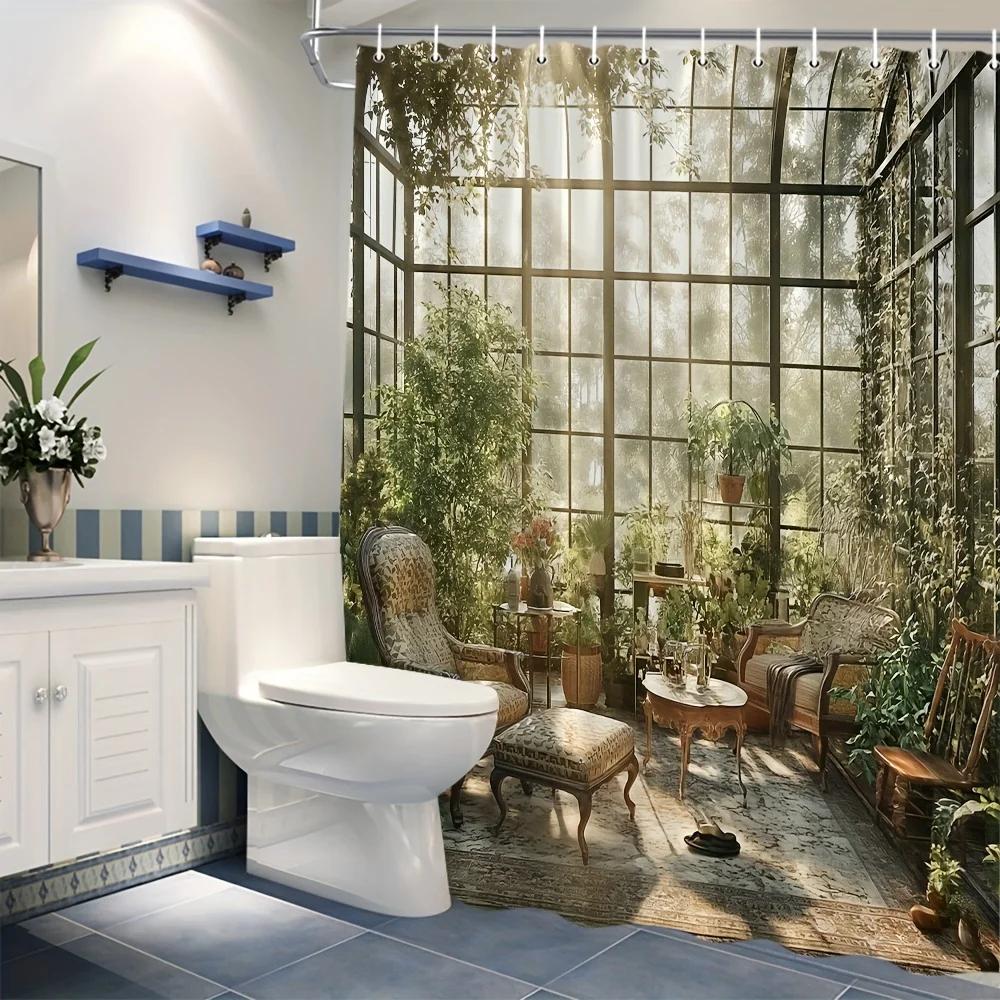 ~O~Polyester Garden Shower Curtain - Outdoor Scenery, Floral Plant Design, Includes Hooks, Bathroom Decor