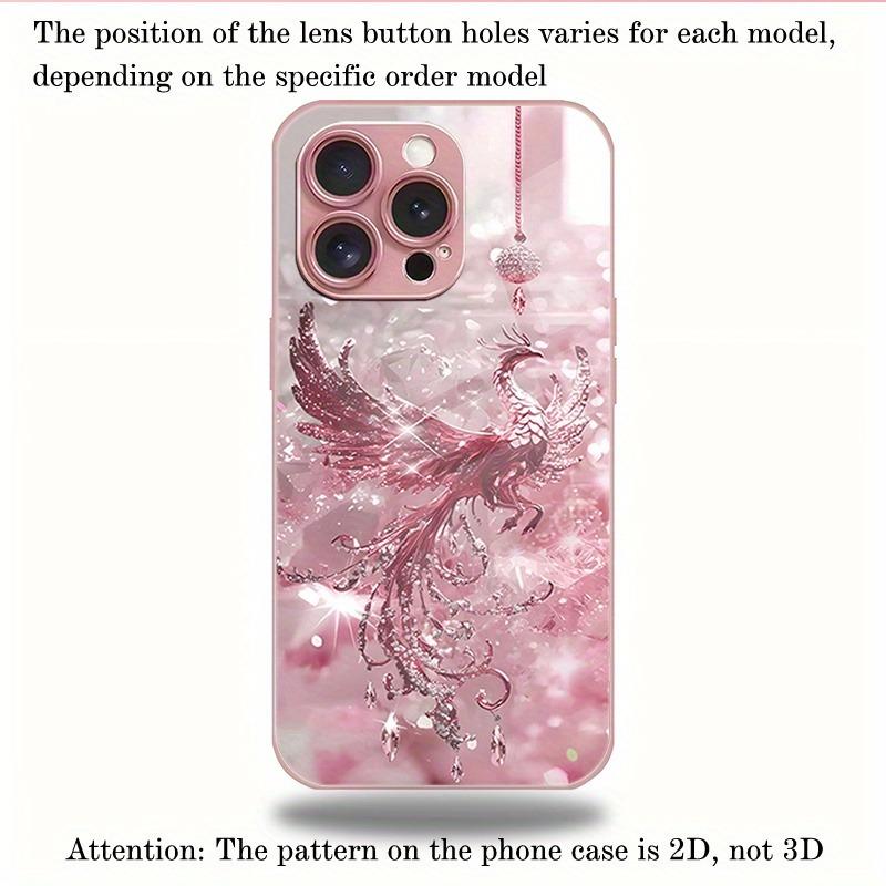 Pink Crystal Phoenix Pattern Metallic Paint Glass Hard Phone Case For iPhone 17 Air 17 16 15 14 13 12 11 Pro Max Plus 16E Cover