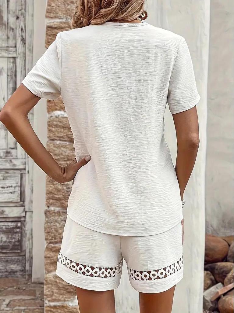 Spring/Summer 2025 Women's V-neck Patchwork Solid Color Shorts Set