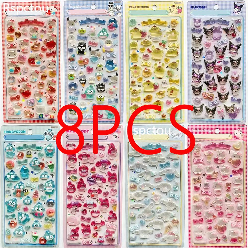 Kawaii Sanrio Cartoon Relief Stickers Cinnamoroll Kuromi Pompom Purin Melody Jelly Crystal Sticker Cute Decoration Decals Gifts