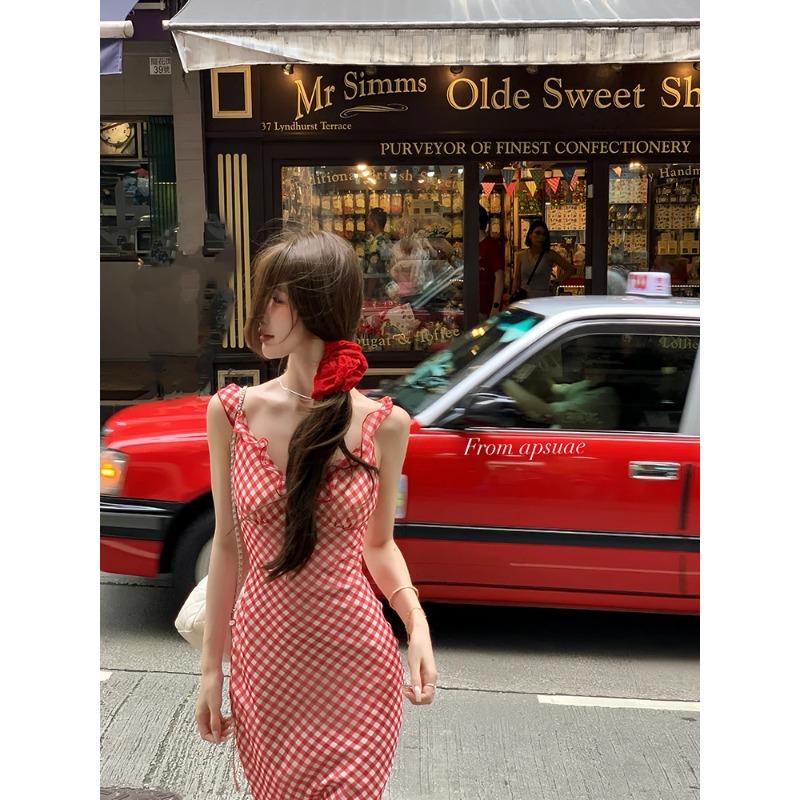 Summer 2024 New Elegant Party Dress Women Casual Plaid Strap Midi Dress Y2k Korean Fashion Slim Temperament Fishtail Dress Chic