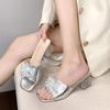Fashion Block Heel One-Line Slippers Spring and Summer New Outside Wear Square Toe Open Toe Rhinestone Flower Temperament Cool Mopping