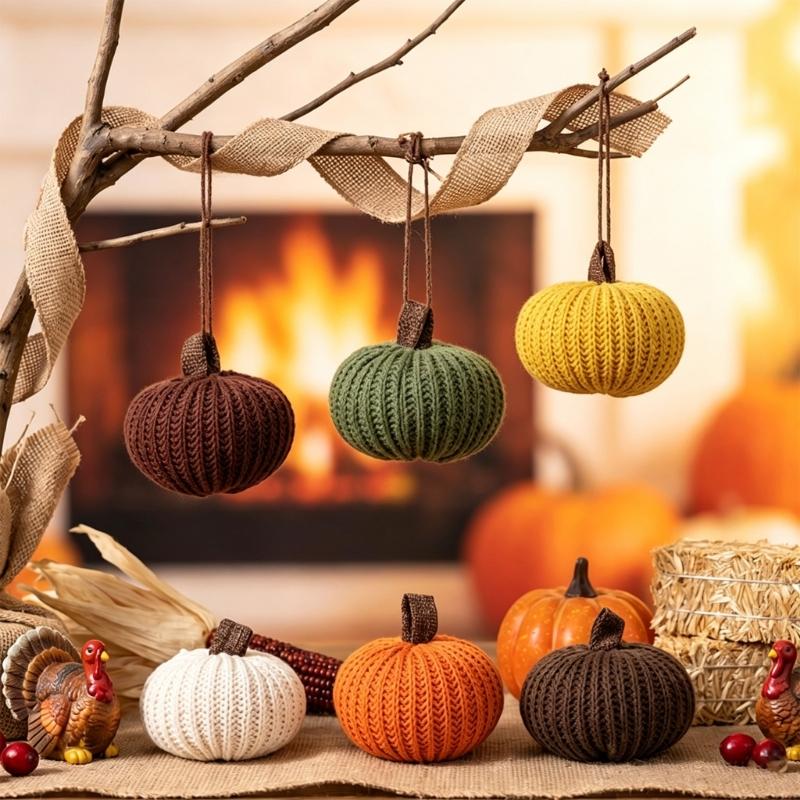 Fall Pumpkin Decorations Set of 6, Knitted Polyester Ornament with Fabric Tabs for Thanksgiving Tables, Shelves, Windowsills and Indoor Foliage