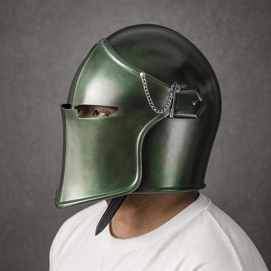 Casque de Chevalier Médiéval Barbuta Vert Acier 18g Armure LARP Cosplay Guerrier à Visière Casque Costume d'Halloween Cadeau