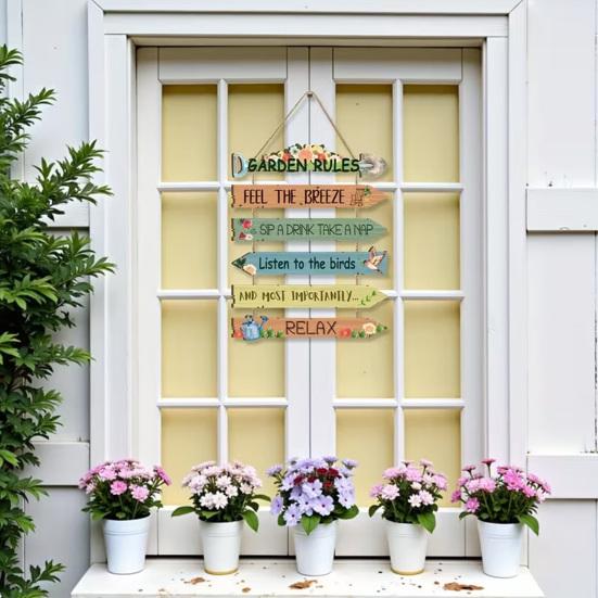 Garden Rules Hanging Sign, Spring Wooden Welcome Door Sign for Front Door, Rustic Farmhouse Wall Plaque for Porch Yard Gardening Shed Decoration