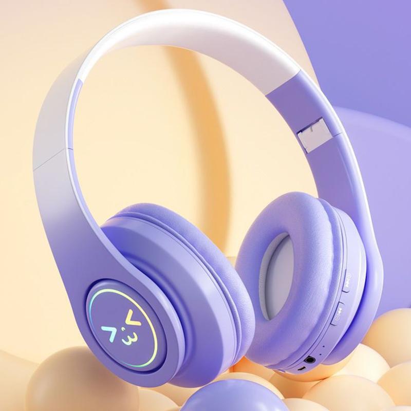 Cute Bluetooth Headphones Gradient Color Gaming Headphones Over-Ear Wireless Headset With Led Flashing, Lightweight Head-Mounted