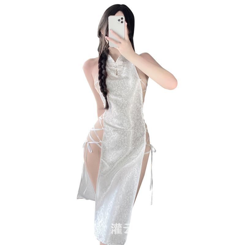 Sex underwear retro buckle sexy temptation straps high split jacquard satin cheongsam nightdress