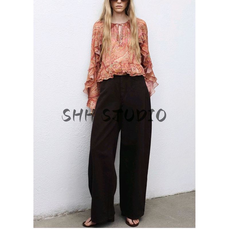 Fall Women's Clothing round Neck Paisley Print Horn Long Sleeves Ruffles Loose Shirt Top 17054448