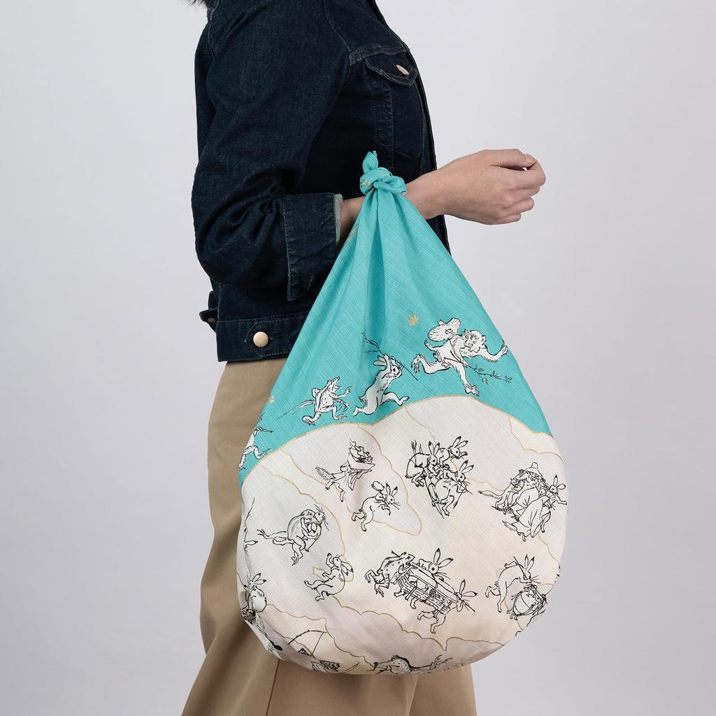 Musubi Furoshiki Choju Jinbutsu Giga of Animals and Lotus Leaf Organic Cotton 100cm, (Caricature People) Design, Turquoise,