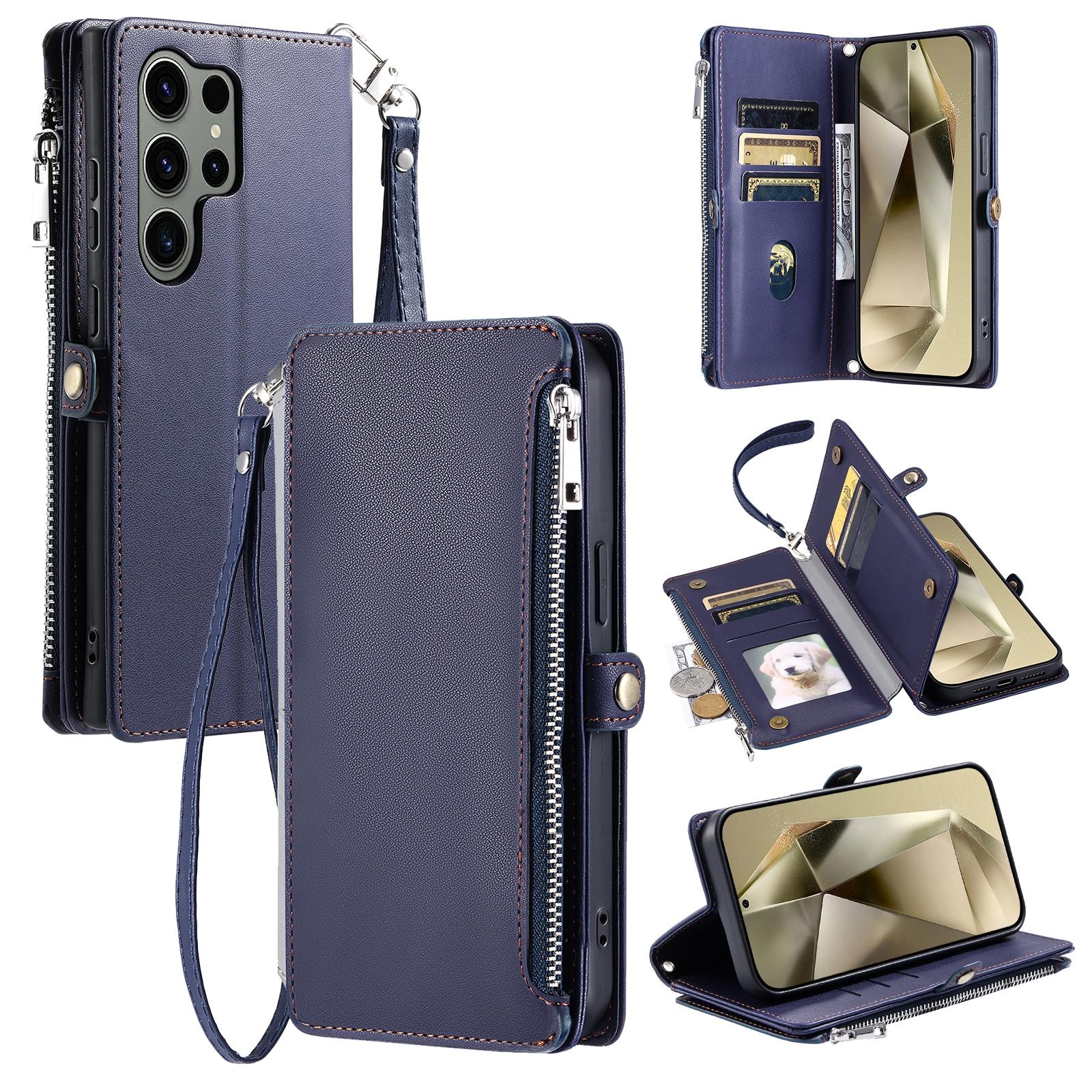 

015 Style For Samsung Galaxy S24 Ultra Case TPU+PU Leather Wallet Phone Cover with Straps Blue