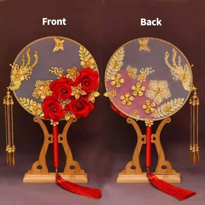 Vintage Chinese Wedding Dress Hanfu Decorative Fans Bridal Round Hand Fans Dragon Phoenix Handmade Gold Red Photography Fan Prop