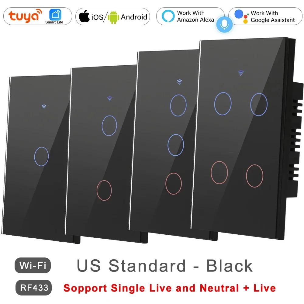 WiFi Tuya RF for Lights Australia US BR IL Alexa 220V 1 2 3 4 Gang Smart Remote Control Touch Light Switch Neutral + Live Wire