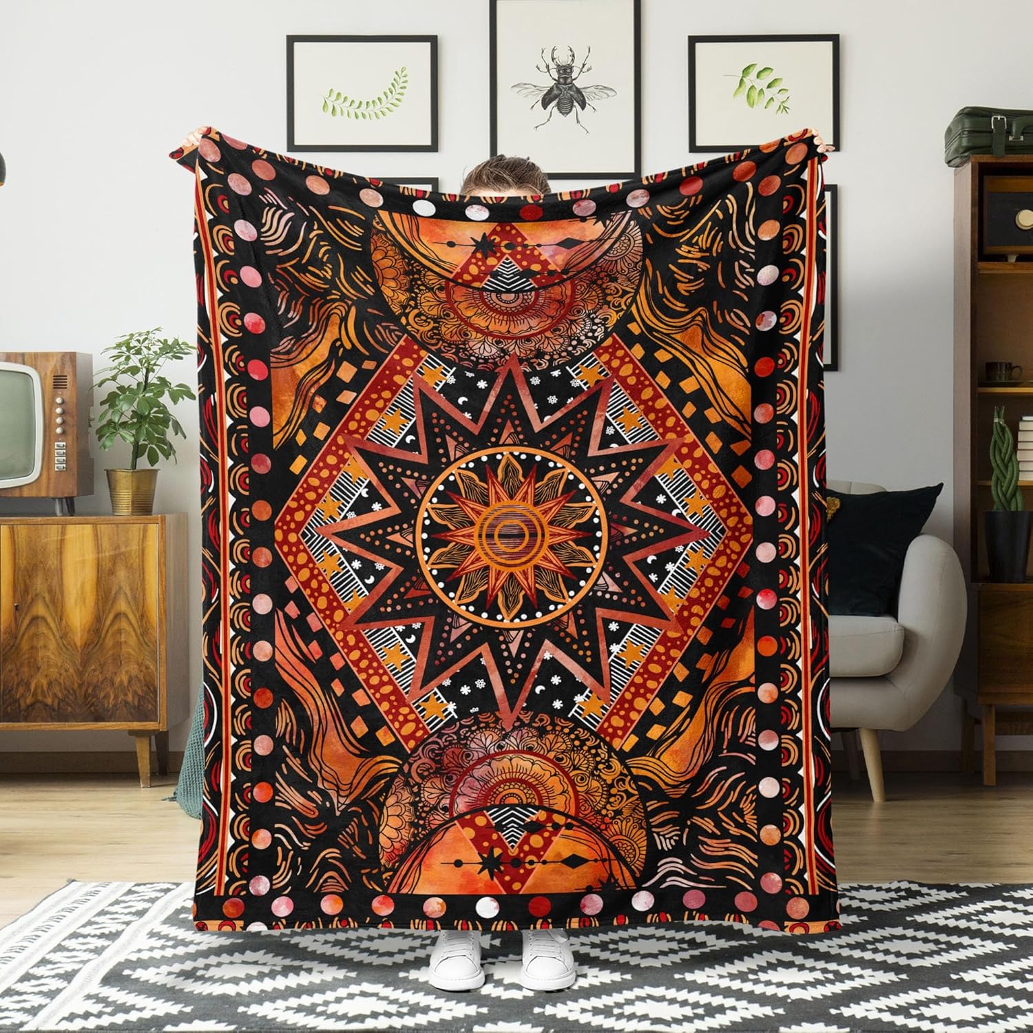Mandala Blanket Tribal Pattern Orange Black Design Spiritual Art Boho Decor Home Textile Cozy Throw Meditative Accessory 75X95CM