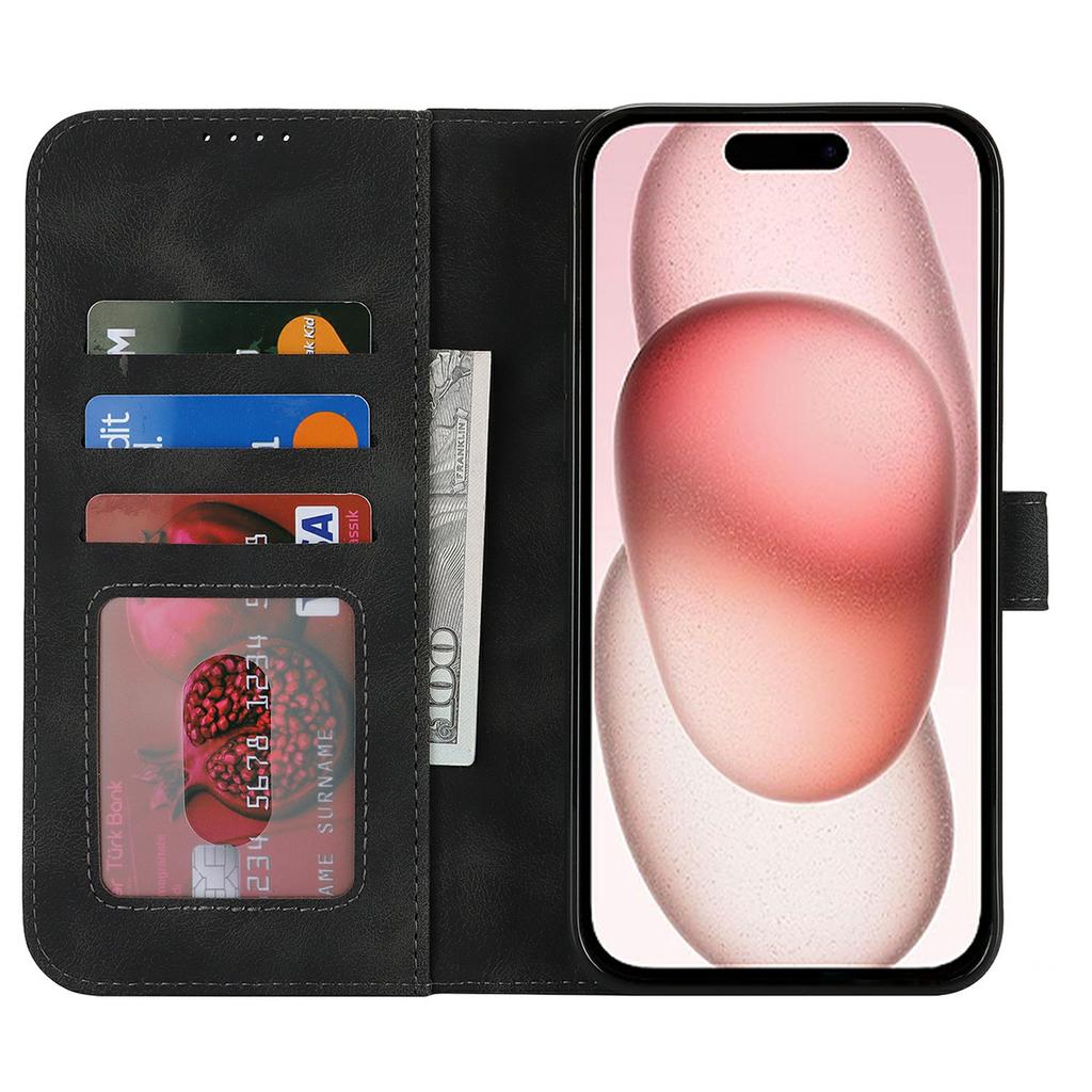 For iPhone 15 Plus/14 Plus Wallet Case Double Folded Edge Skin Touch PU Leather Flip Phone Cover