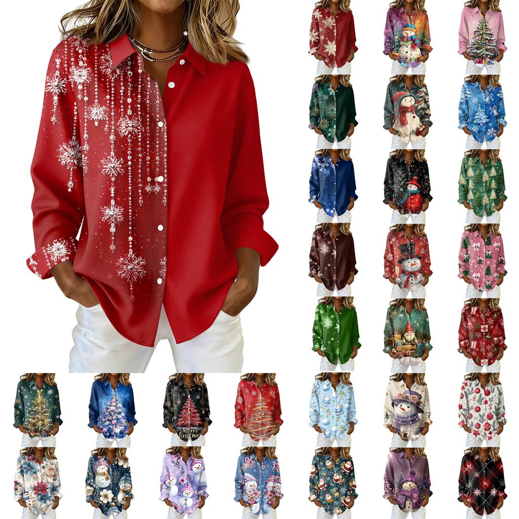 Women's Christmas Printed Button Up Long Sleeved Casual Regular Shirt With Collar Top