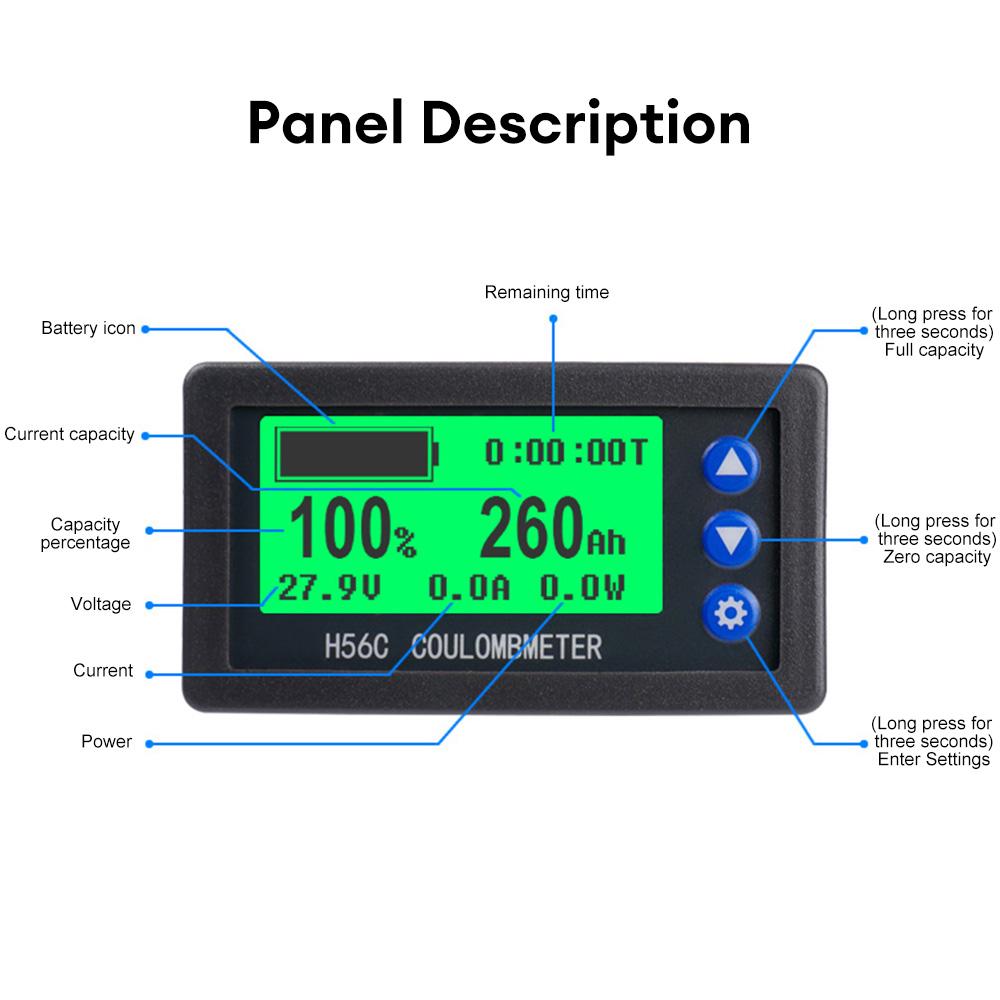 H56CH Coulomb Meter Electric Car Touring Car Battery Level Indicator Voltmeter Amperemeter 12V 24V Capacity Detector 9-100V 400A