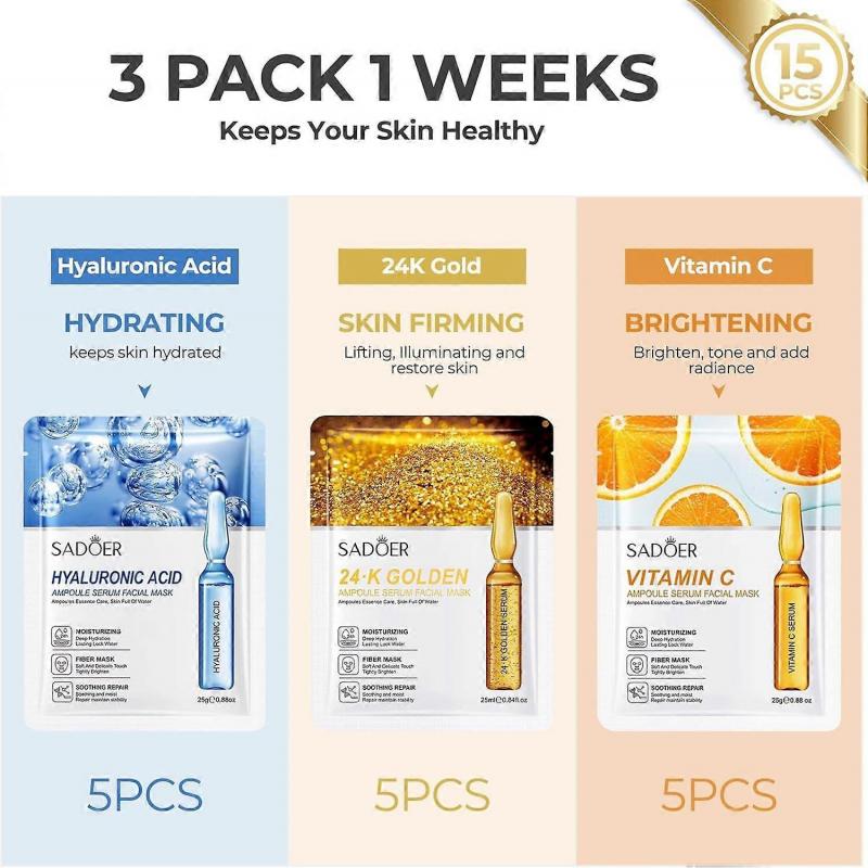 15 Pack Premium Moisturizing Face Sheet Mask, 24K Gold, Hyaluronic Acid & Vitamin C Face Mask Set, Hydrating, Skin Brightening, Anti-Wrinkle Real Dee