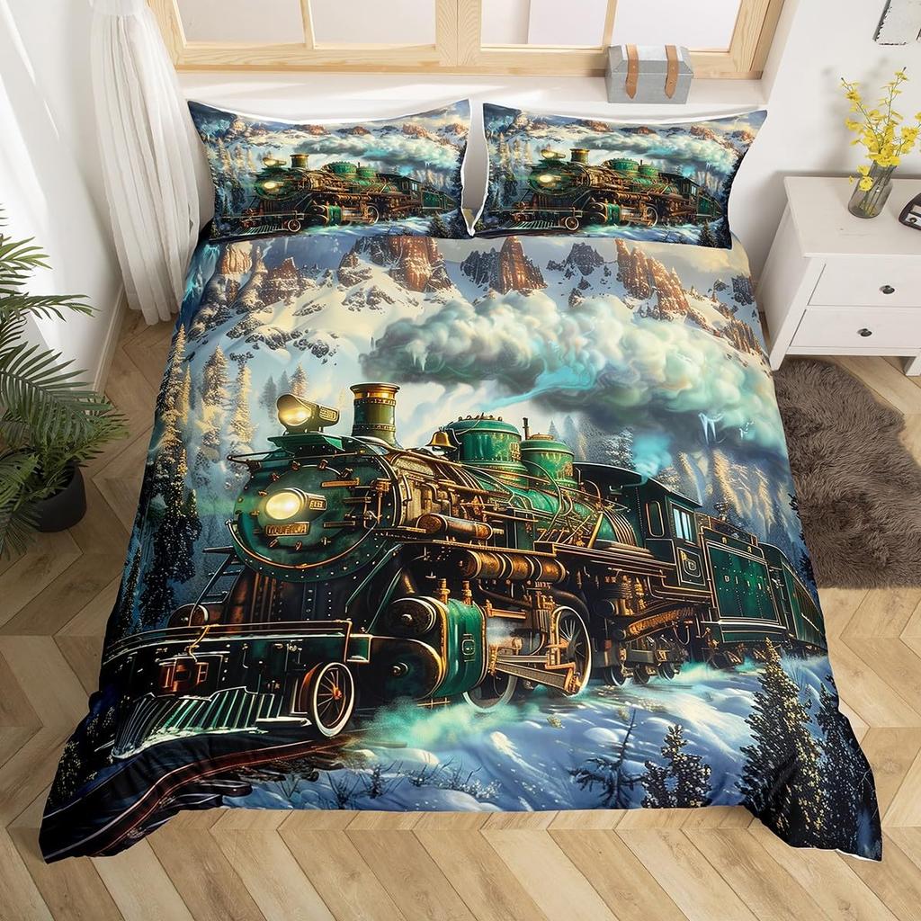 Winter Snow Train Duvet Covers For Kids Teens Queen Size Lightweight Quilt Covers Train Railway Track Bedding Set No Comforter