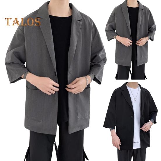 Men Suit Coat Solid Color Spring Summer Suit Jacket Single-Button Lapel Design 3/4 Sleeve Loose Fit Casual Business Outerwear