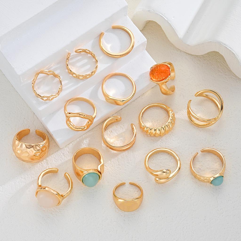 15Pcs/Set Vintage Luxury Irregular Metal Open Ring for Women Men Boho Colorful Acrylic Rings Elegant Daily Party Jewelry Gifts