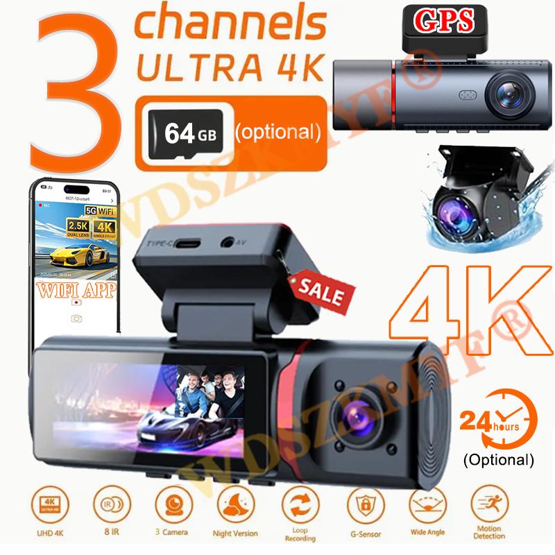 UHD 4K Dash Cam 3 Lens Driving Recorder Car DVR 1080P Rear Lens Camera Built-In WiFi GPS 24-Hour Parking Monitoring Black Box