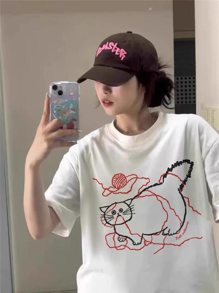 2025 Summer Women's Retro Oversized Cotton T-Shirt with Straight Shoulder