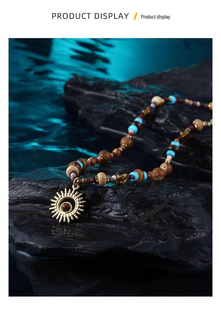 Ethnic Style Vintage Gold Necklace with Beaded Sun Pendant and Tiger Eye Stone