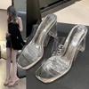 Large Size Transparent High Heels Women'S Summer Word With High Heels Slippers Crystal Heel Thick Heel Sandals Women'S