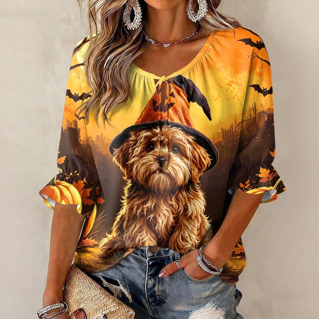 Women's Halloween Print Three-Quarter Sleeve Round Neck Blouse with Tie Front and Ruffle Hem