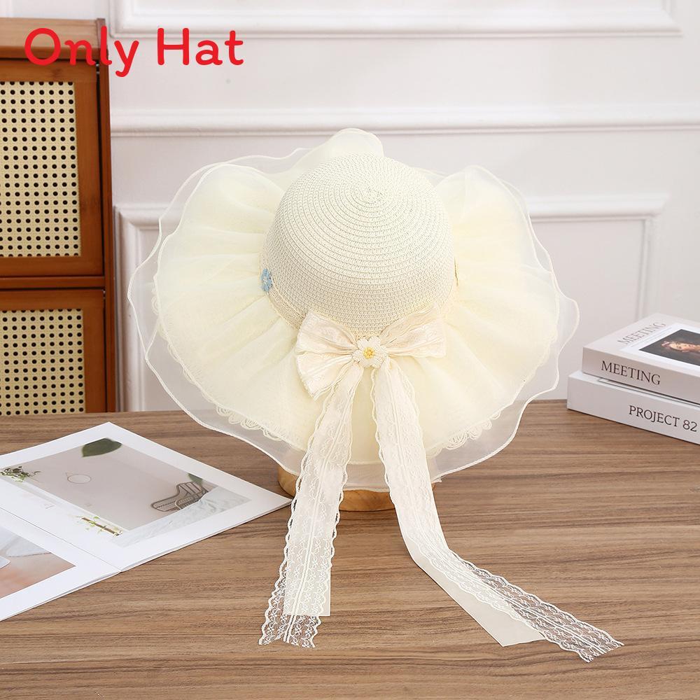 Chapeau de Soleil d'Été à Large Bord avec Fleur et Nœud, Protection UV pour Femmes