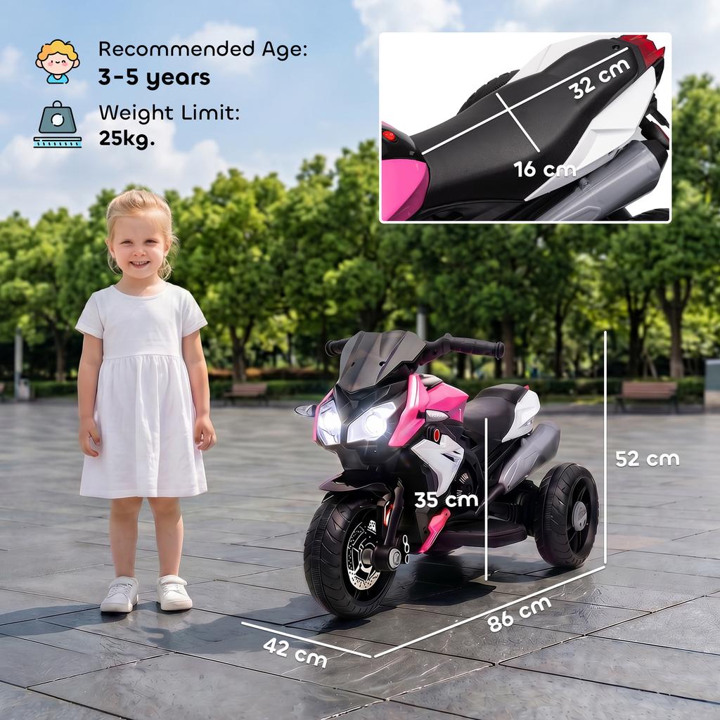 Kids Electric Motorcycle, 6V Ride on Motorcycle with 3 Wheels, LED Headlight, Music, Horn for Boys Girls 3-5 Years, Pink