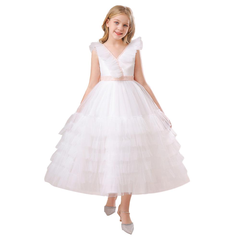 Children's Puffy Tulle V-Neck Princess Dress with Bow Skirt