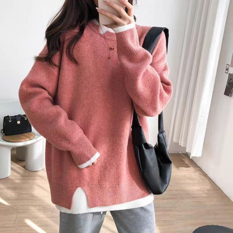 Fake two-piece pullover sweater for women's autumn and winter new loose soft waxy casual color matching knitted sweater for women