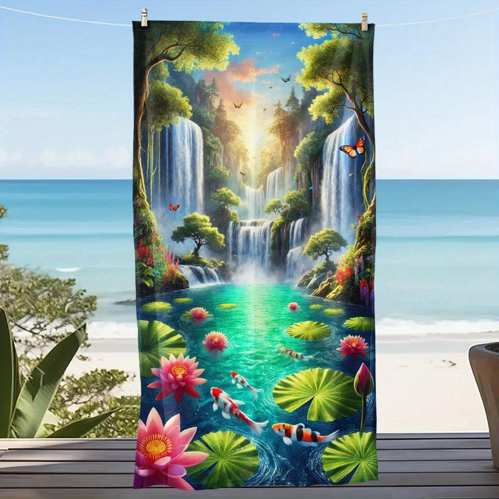 

Tropical Waterfall Koi Fish Beach Towel, Lotus Flower Nature Art Design Quick-Dry Sand-Free Bath Towel for Pool and Lake W40*H60(CM)