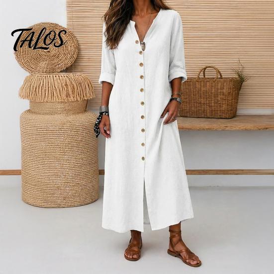 Soft Fabric Dress Women's Summer Button Down Long Dress, Casual Loose V Versatile Women Neck Tunic Roll Up Sleeve Vacation Lounge Outfits Lightweight