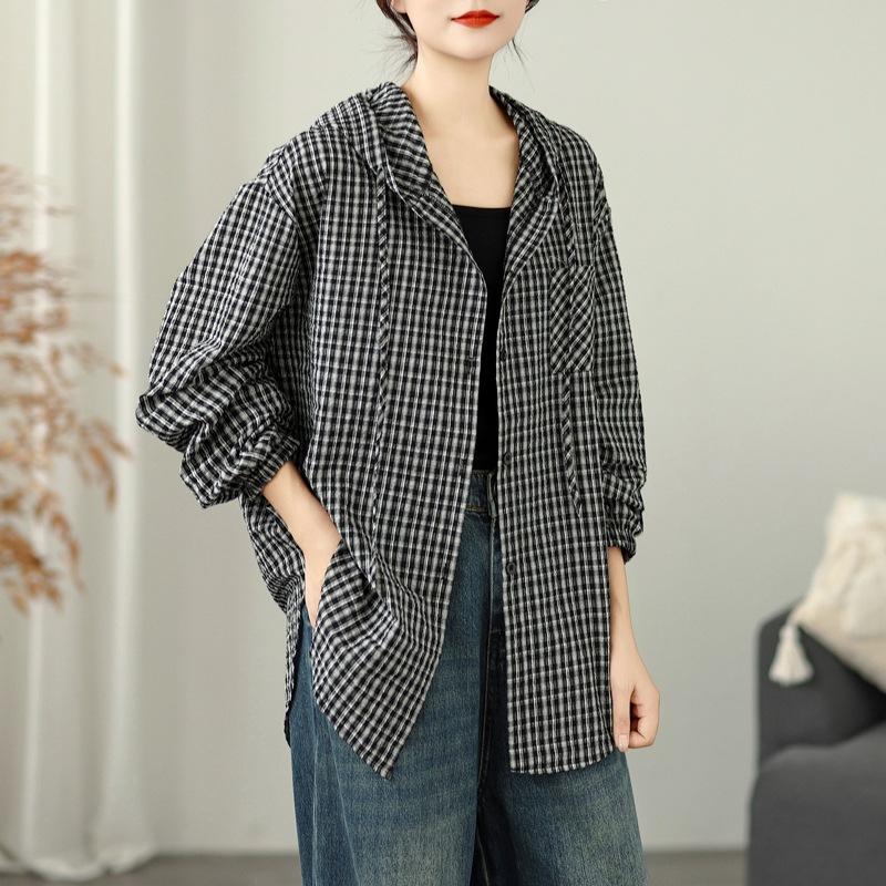

Plaid Hooded Long Sleeved Shirt for Women Plus Loose Single Breasted Shirt Top 2XL чорний