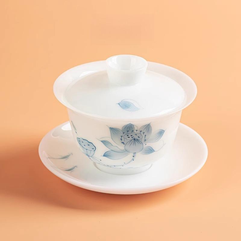 

Hibiscus water ice jade porcelain hand-painted three talents cover bowl kung fu tea set ceramic tea bowl high-end single product 200ml